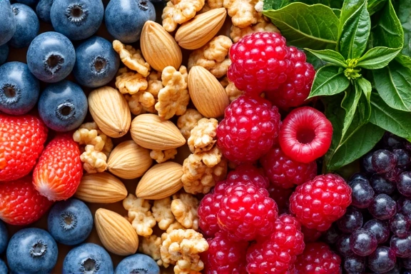 A vibrant collage of various superfoods like berries, nuts, leafy greens, and exotic fruits, emphasizing nutritional value.