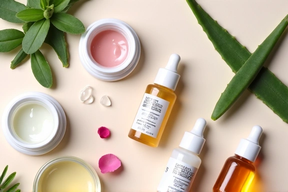 Various skincare products, including serum bottles, creams, and natural ingredients, arranged aesthetically on a smooth, light surface.